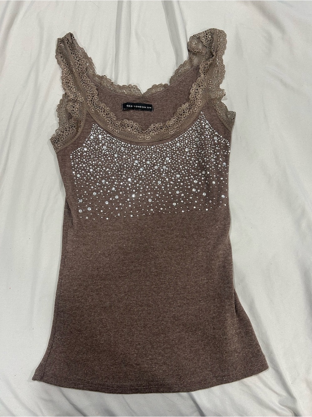 Lace Trim Sequin Tank Top in Brown‌